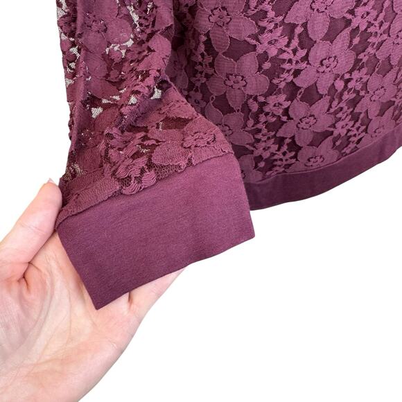 Adrianna Papell Lace Overlay Crew Neck Long Sleeve Top in Merlot Women's Large - Picture 8 of 15